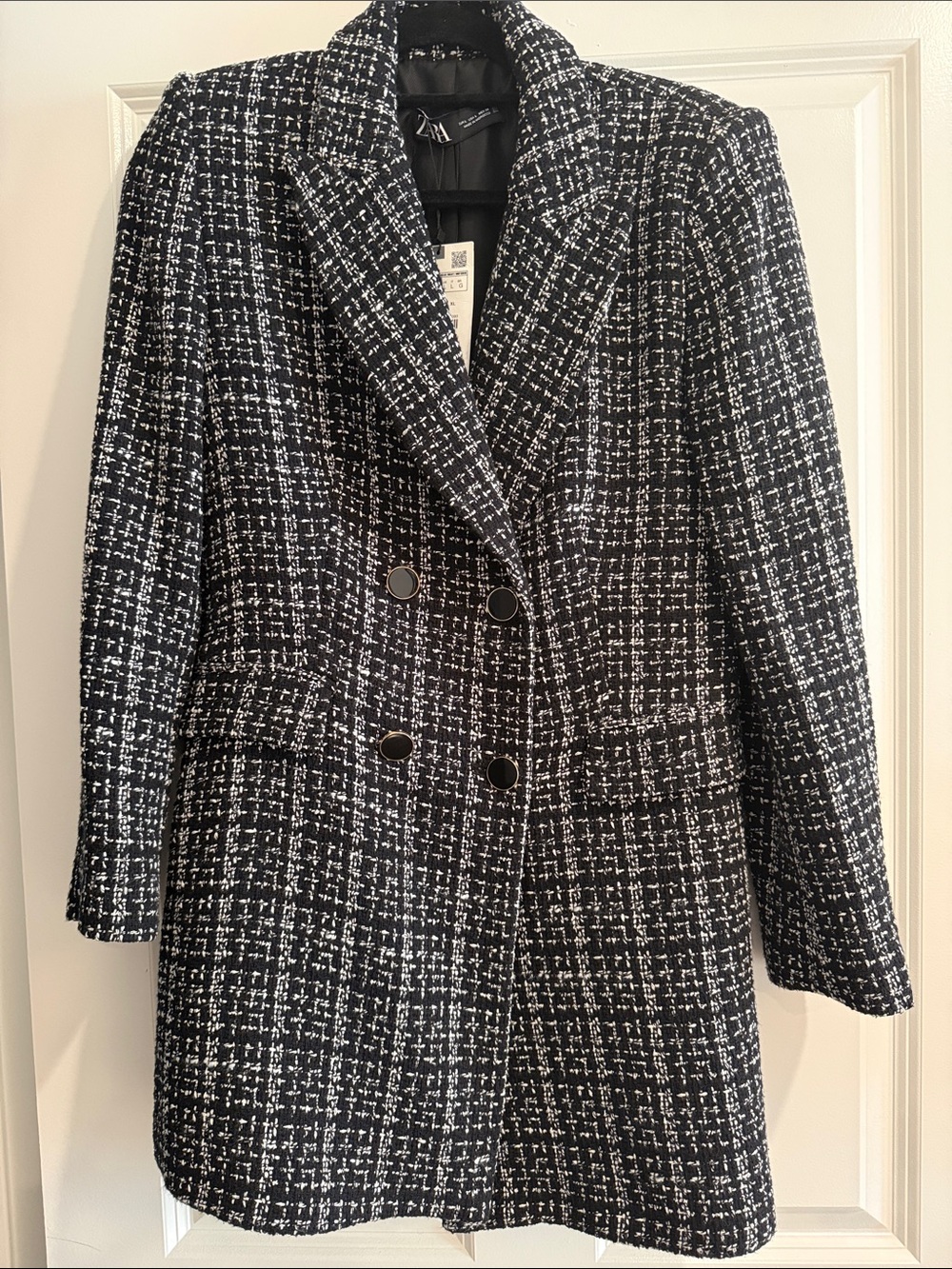 Zara Black and White Tweed Double-Breasted Blazer